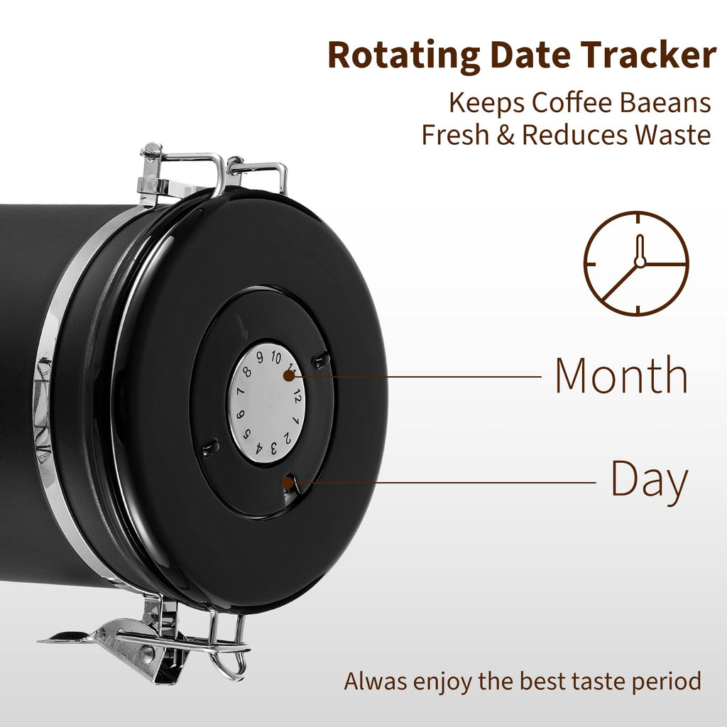 Airtight Coffee Canister, Stainless Steel Coffee Beans and Grounds Storage Container with Date Tracker, Scoop, 6Pcs CO2 Valves, for Beans, Grounds, Tea, Sugar, Black