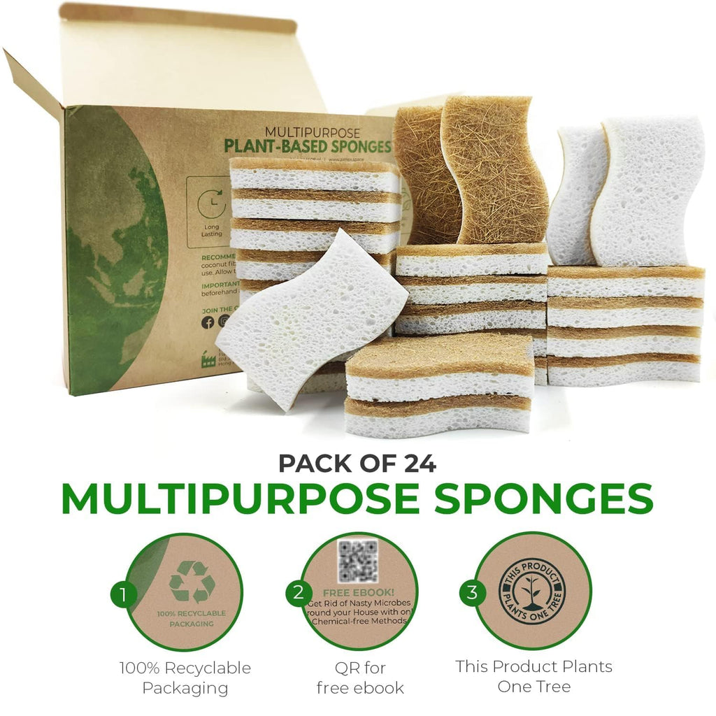 AIRNEX 24 Pack Natural Sponges for Dishes - Biodegradable Sponges for Kitchen - Plant Based Cellulose & Coconut Natural Dish Sponge - Non Toxic Eco Friendly Sponges, Non Scratch Kitchen Scrubber