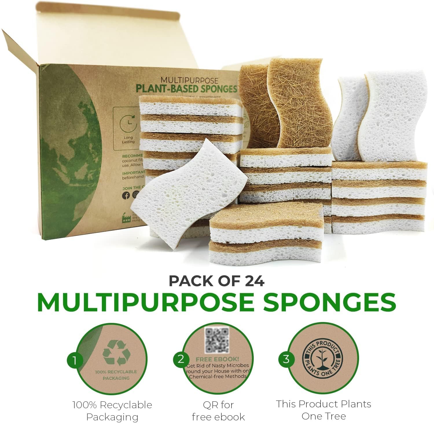 AIRNEX 24 Pack Natural Sponges for Dishes - Biodegradable Sponges for Kitchen - Plant Based Cellulose & Coconut Natural Dish Sponge - Non Toxic Eco Friendly Sponges, Non Scratch Kitchen Scrubber