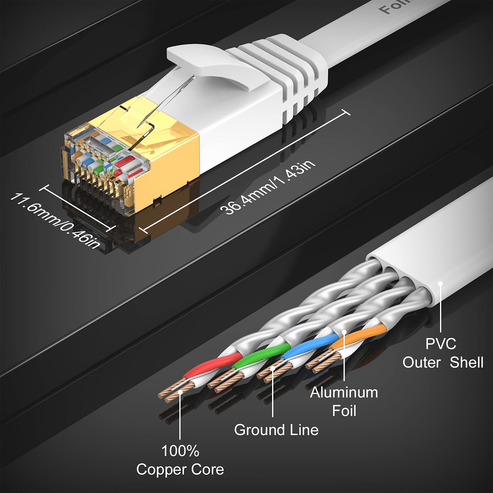 Cat 7 Ethernet Cable 50 ft, High Speed Flat Internet Cable with Extension Coupler, Shielded RJ45 Network Cable for Ethernet Network Switch, Modem, Router, Printer-Faster Than Cat6/Cat5e/Cat5-White