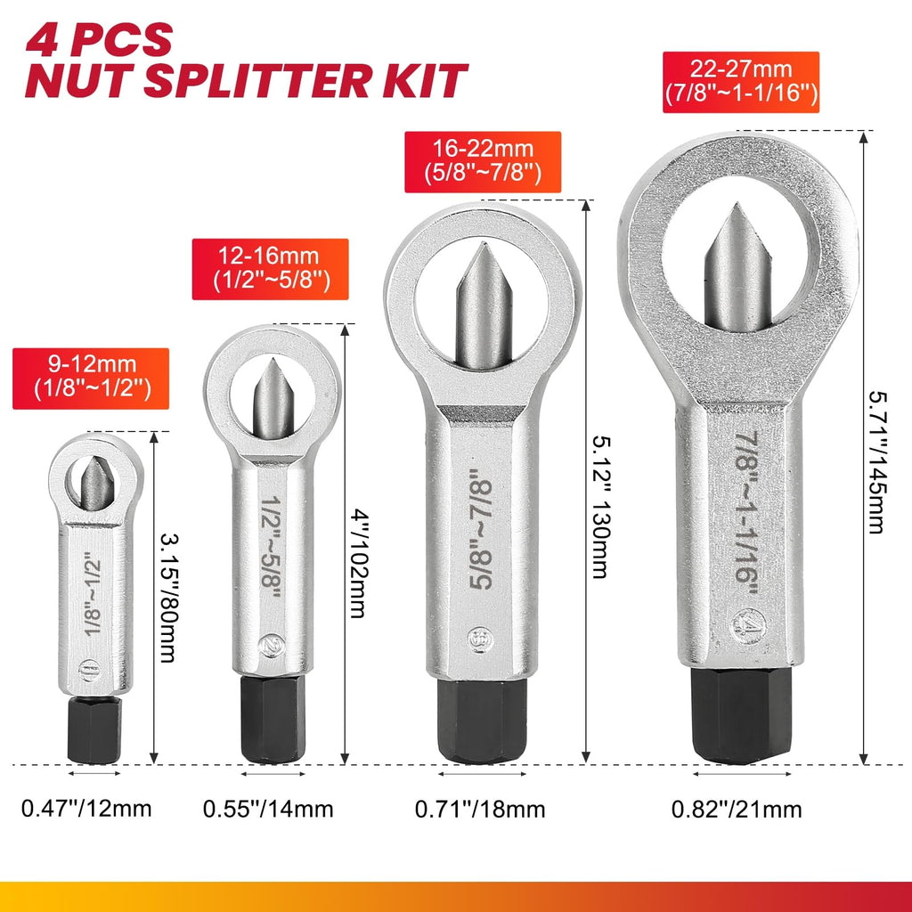 DASBET 4PCS Metal Nut Splitter Set Heavy Duty Nut Splitter Tool Kit for Removing Broken, Damaged & Corroded Nuts, Manual Nut Breaker Extractor 9-27mm