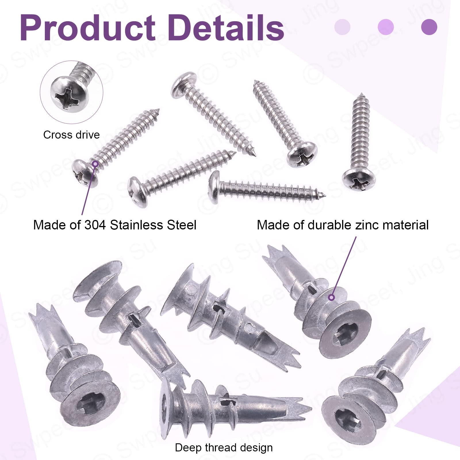 Swpeet 120Pcs Heavy Duty Zinc Self Drilling Drywall Anchors with #8 x 1-1/4'' Screws Kit, No Pre Drill Hole Preparation Required - Self-Tapping Drywall Anchors for Hanging and Mounting