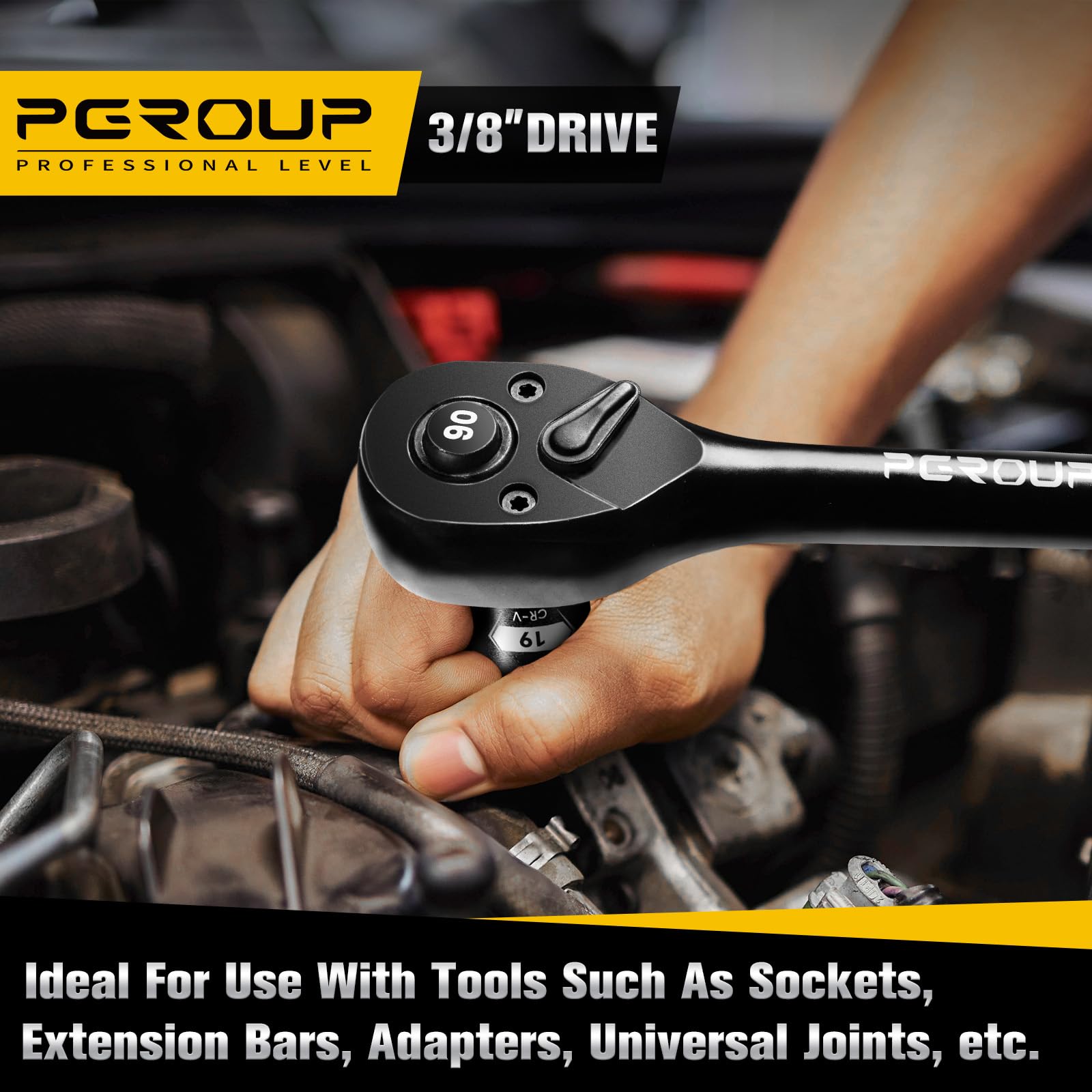 pgroup 3/8-Inch Drive Ratchet Wrench, 90 Tooth Reversible Ratchet, 4-Degree Swing, Ergonomic Handle, Chrome Alloy Made, Quick Release Ratchet Wrench for Repairing, Home, DIY