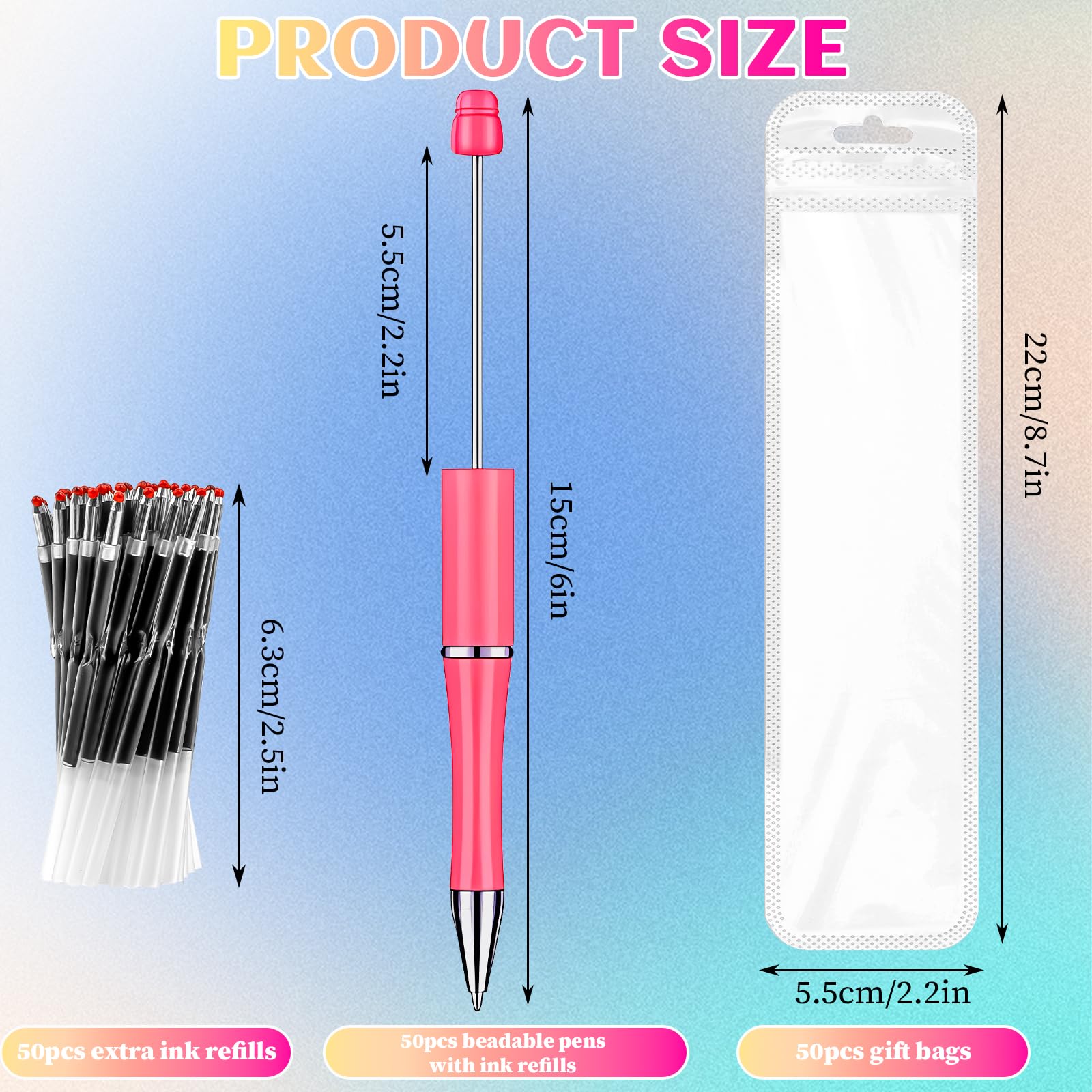 150 Pcs Beadable Pens Bulk Set: 50 Plastic Beaded Pens with 50 Replacement Refills & 50 Gift Bags, 1.0mm Refillable Black Ink DIY Pen Kit for Teachers, Students, Craft Gifts