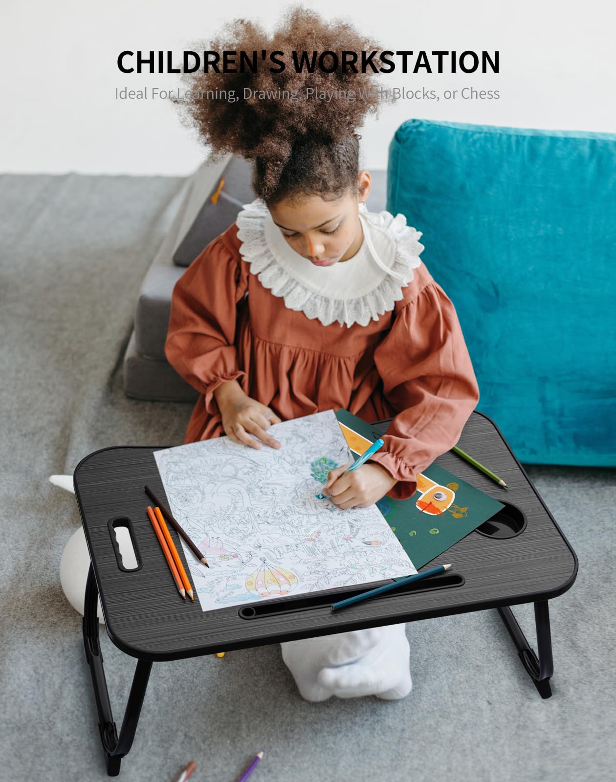 ZEAPTAC Laptop Bed Desk, Foldable Lap Desk, Portable Lap Table, Laptop Stand with Cup Holder & Tablet Slot & Lifting Handle for Working Writing Drawing & Eating - Dark Black