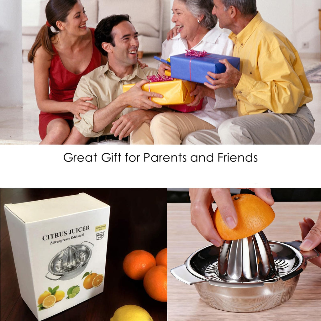 Citrus Lemon Orange Grapefruit Juicer Manual Stainless Steel 304 Anti-Rust Metal Hand Press Fruit Squeezer with Juice Strainer＆12 OZ Bowl with 2 Spouts, Dishwasher Safe, Easy to Clean, Heavy Duty