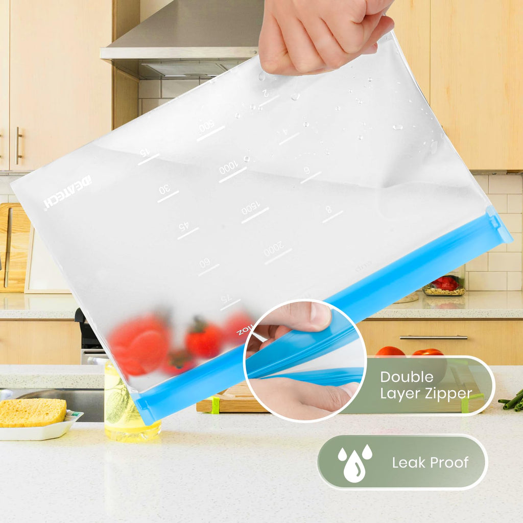 Dishwasher Safe Reusable Storage Bags Stand Up - BPA Free PEVA Reusable Sandwich Bags - Leakproof Gallon Freezer Bags, Silicone Food Storage Bags (18 Pack- 6Gallon + 6Sandwich + 6Snack)