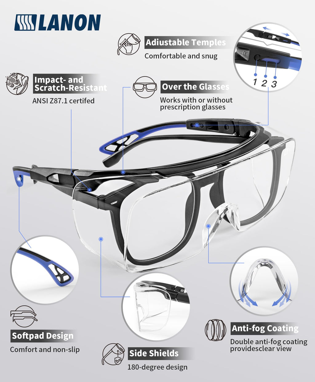 LANON Safety Glasses Over Glasses,ANSI Z87.1 Lenses with Anti-Fog & Scratch,Side Protection, High Transmission, Adjustable Protective Eyewear Goggles