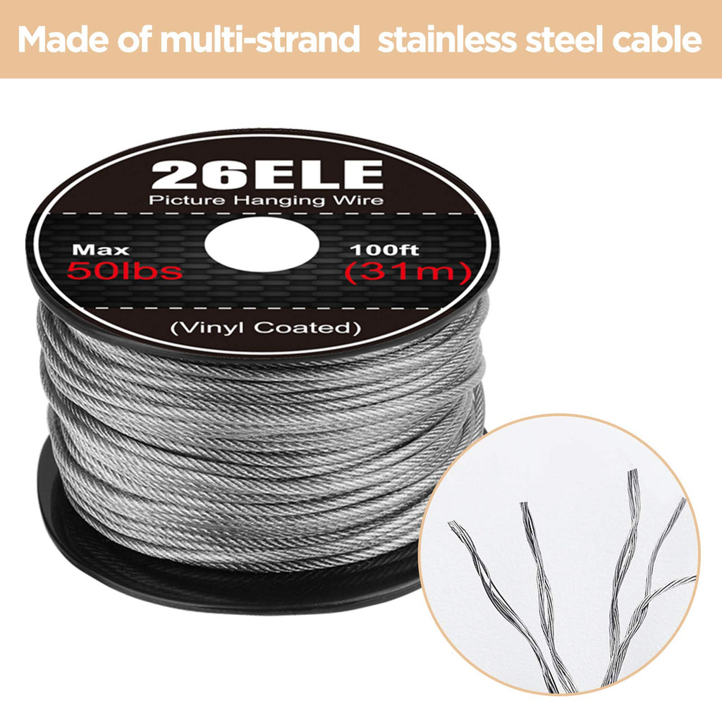 26ELE Picture Hanging Kit, Including Picture Hanging Wire(100 feet) Supports Up to 50lbs, D Ring Picture Hangers and Screws(20pcs Each), 20Pcs Aluminum Crimping Sleeves and 1 Screwdriver