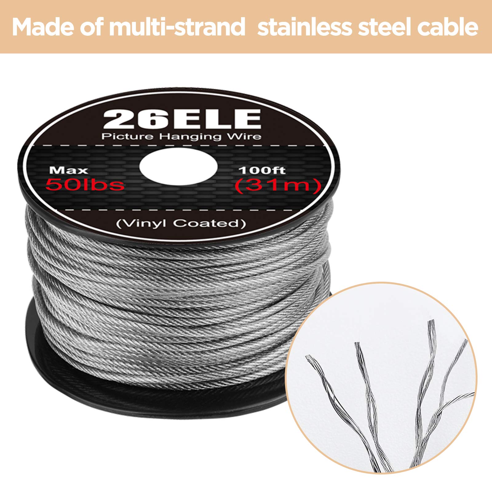 26ELE Picture Hanging Kit, Including Picture Hanging Wire(100 feet) Supports Up to 50lbs, D Ring Picture Hangers and Screws(20pcs Each), 20Pcs Aluminum Crimping Sleeves and 1 Screwdriver