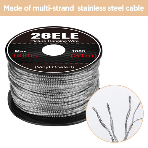26ELE Picture Hanging Kit, Including Picture Hanging Wire(100 feet) Supports Up to 50lbs, D Ring Picture Hangers and Screws(20pcs Each), 20Pcs Aluminum Crimping Sleeves and 1 Screwdriver