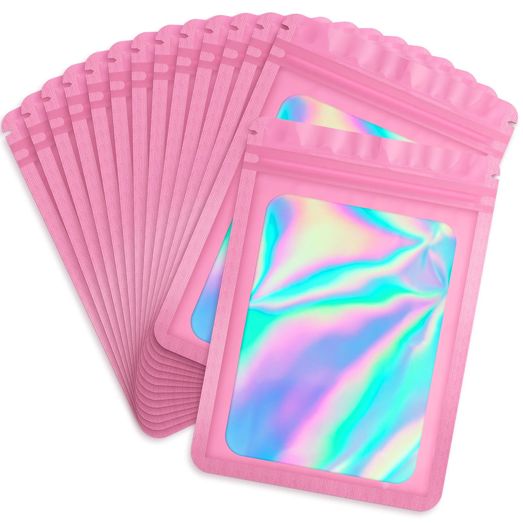 Durimoiy 100-pack mylar bags with clear window holographic resealable zipper sealable pouch bags candy,cookie,electronic supplies（4×6 inch,pink ）