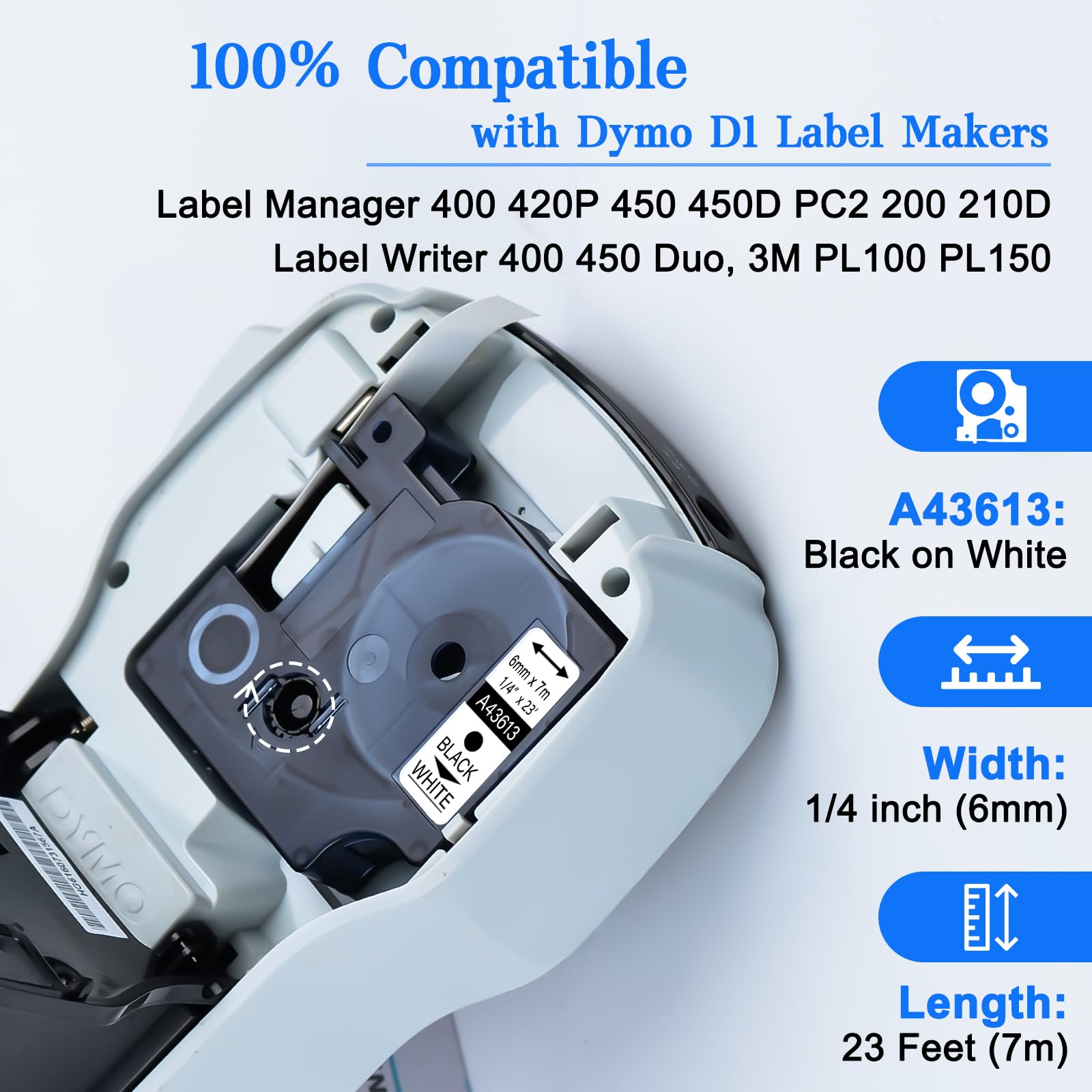 GREENCYCLE 3PK Black on White Label Tape Compatible For Dymo D1 43613, 1/4 Inch, LabelManager 420P Labeling Maker