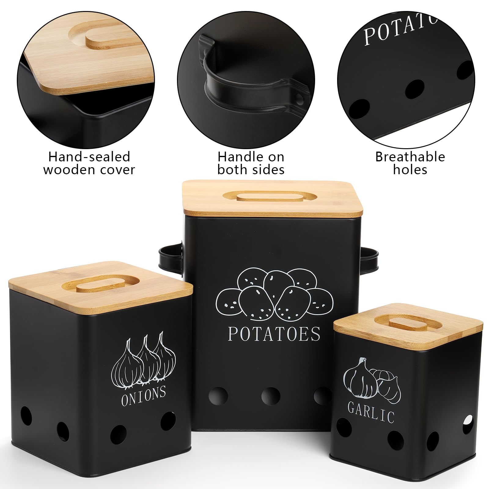 WUWEOT 3 Pack Vegetable Storage Tins, Potato Onion Garlic Storage Canister, Black Metal Vegetable Fresh Keeper Caddy, Kitchen Pantry Organizer Jars with Bamboo Lid and Aerating Holes