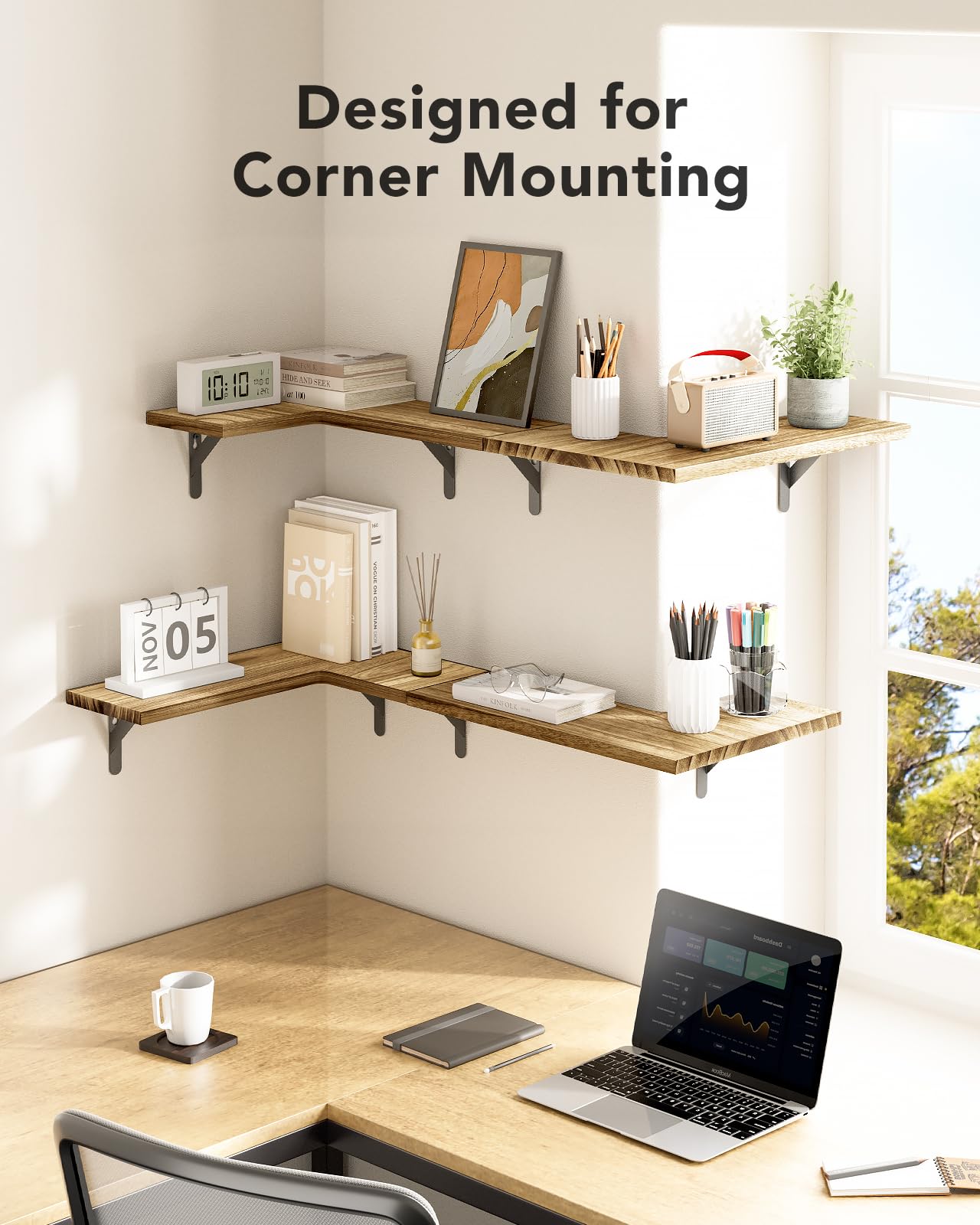 AMADA HOMEFURNISHING Corner Floating Shelves, Set of 4 Corner Shelves Wall Mounted, Shelves for Wall Decor, Corner Wood Shelves for Home Decor, Office, Bedroom, Bathroom, Laundry Room, Kitchen