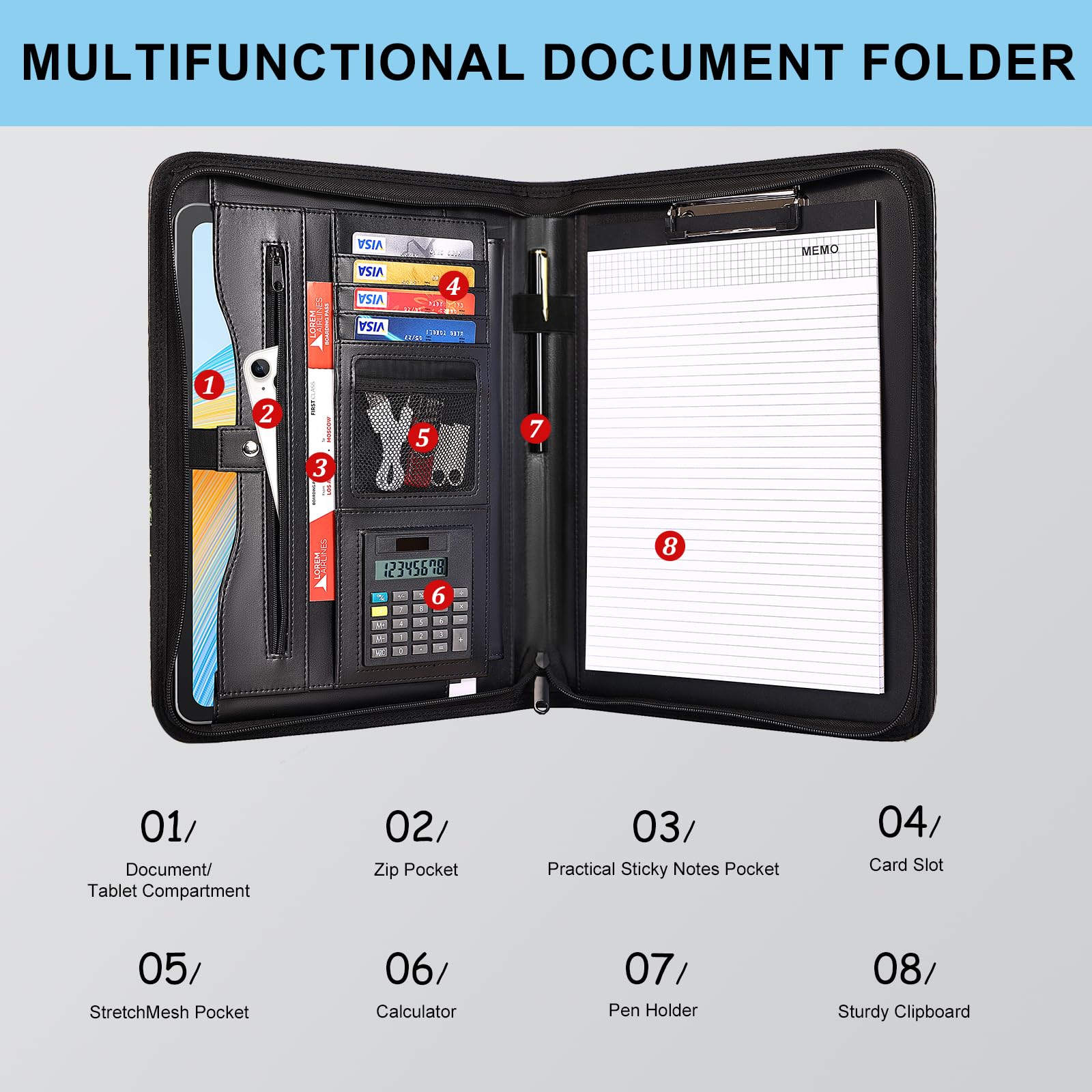 Eshow Padfolio with Zipper, Vegan Leather Portfolio for Business School, Portfolio Folder with 1 Notepad and 1 Pen for Men Women