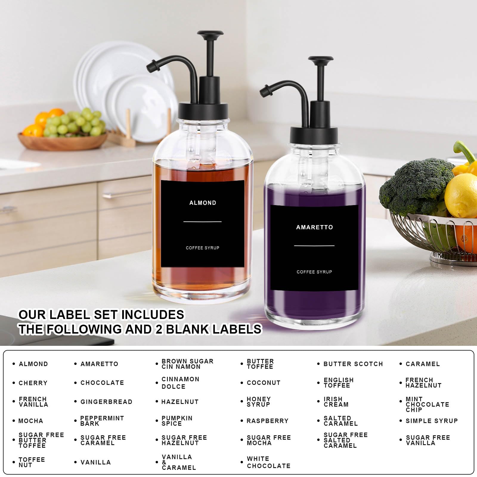 Coffee Syrup Dispenser,Black 500ml/16.9 oz Syrup Dispenser,Set of 2 Glass Syrup Dispenser Bottle,Honey Dispenser with 36 Waterproof Labels and Funnel&Pump for Kitchen Coffee Bar Accessories(Round)