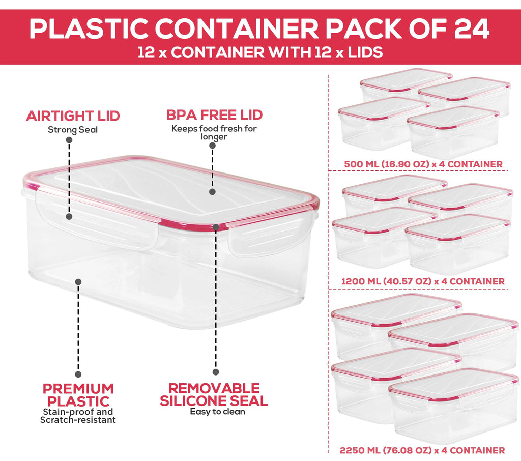 KICHLY 24 Pack Plastic Food Storage Container Set - Transparent BPA-Free Airtight Containers with Leak-Proof Lids for Meal Prep, Freezer, and Lunch Storage - Durable and Reusable (Red)