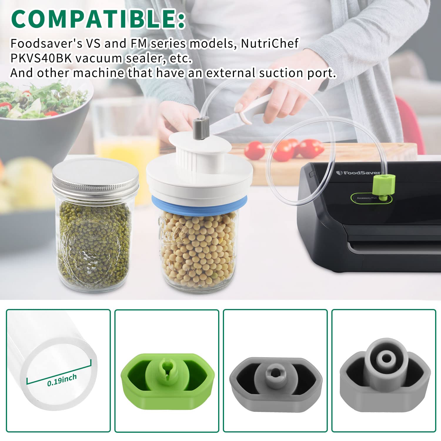 Mason Jar Sealer kit for FoodSaver Vacuum Sealer, Regular and Wide Mouth Mason Jar Vacuum Sealer Kit with Accessory Hose, Jar Sealer Attachment Compatible with All FoodSaver Vacuum Sealers