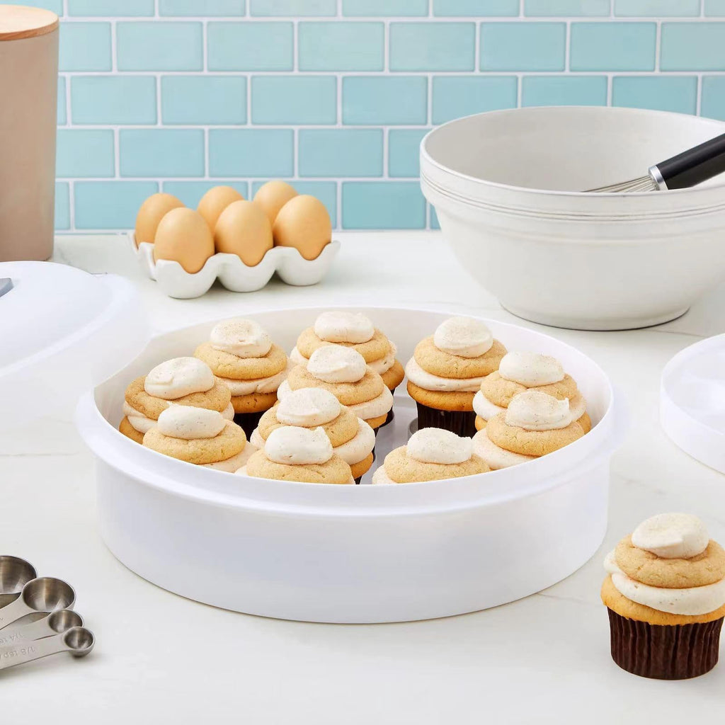 Xbopetda Round Cake Carrier 12 Inch Cupcake Holder Cake Stand with Lid and Handles 3-in-1 Cake Box Container BPA-Free Dessert Carrier for Cheesecake, Pie, Cupcakes Devil Eggs Cake (White, 12x4in)