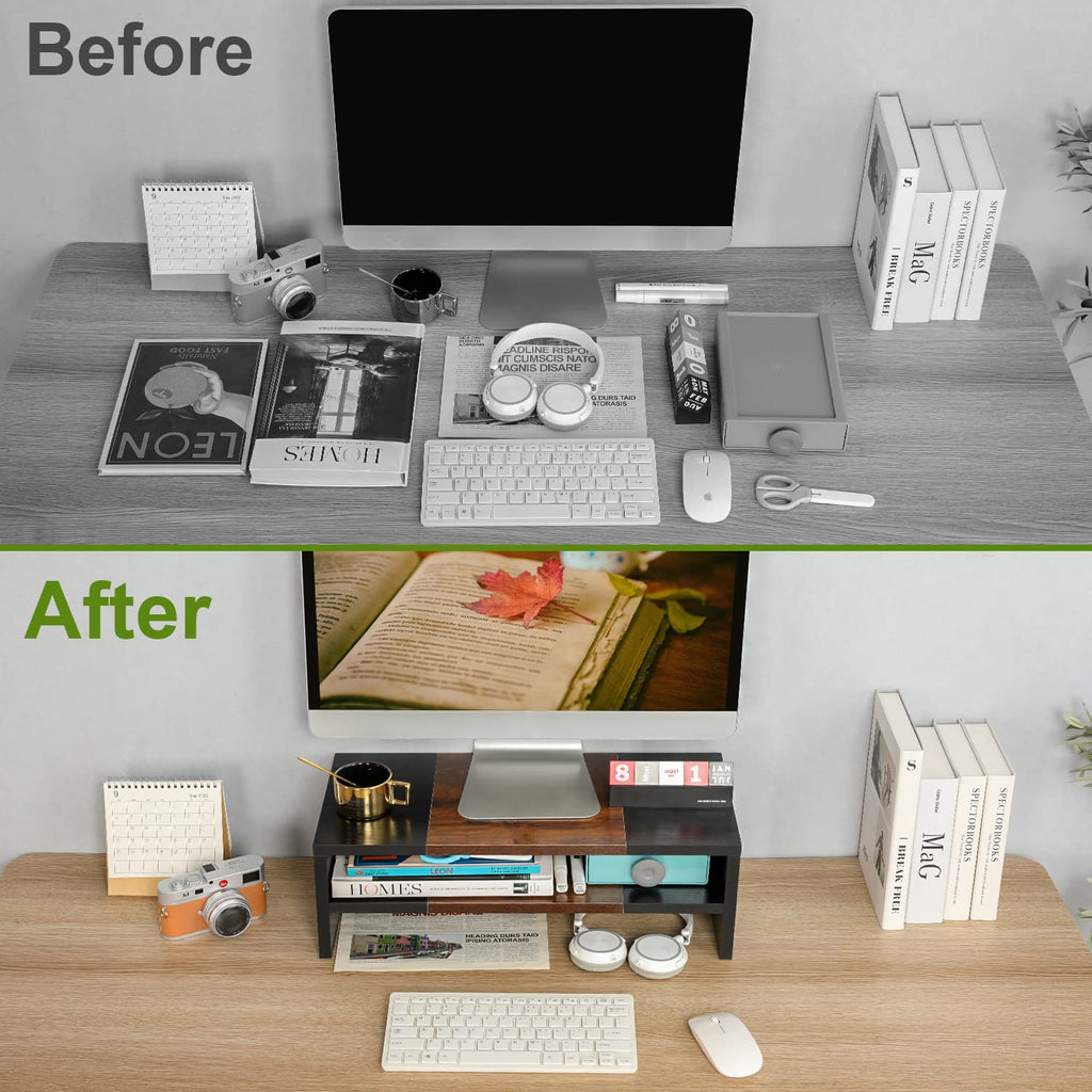 TEAMIX 2 Tiers Desktop Monitor Stand Riser 20 Inch Printer Stand with Storage Small TV Riser Laptop Wooden Desk Organizer Shelf Bookshelf