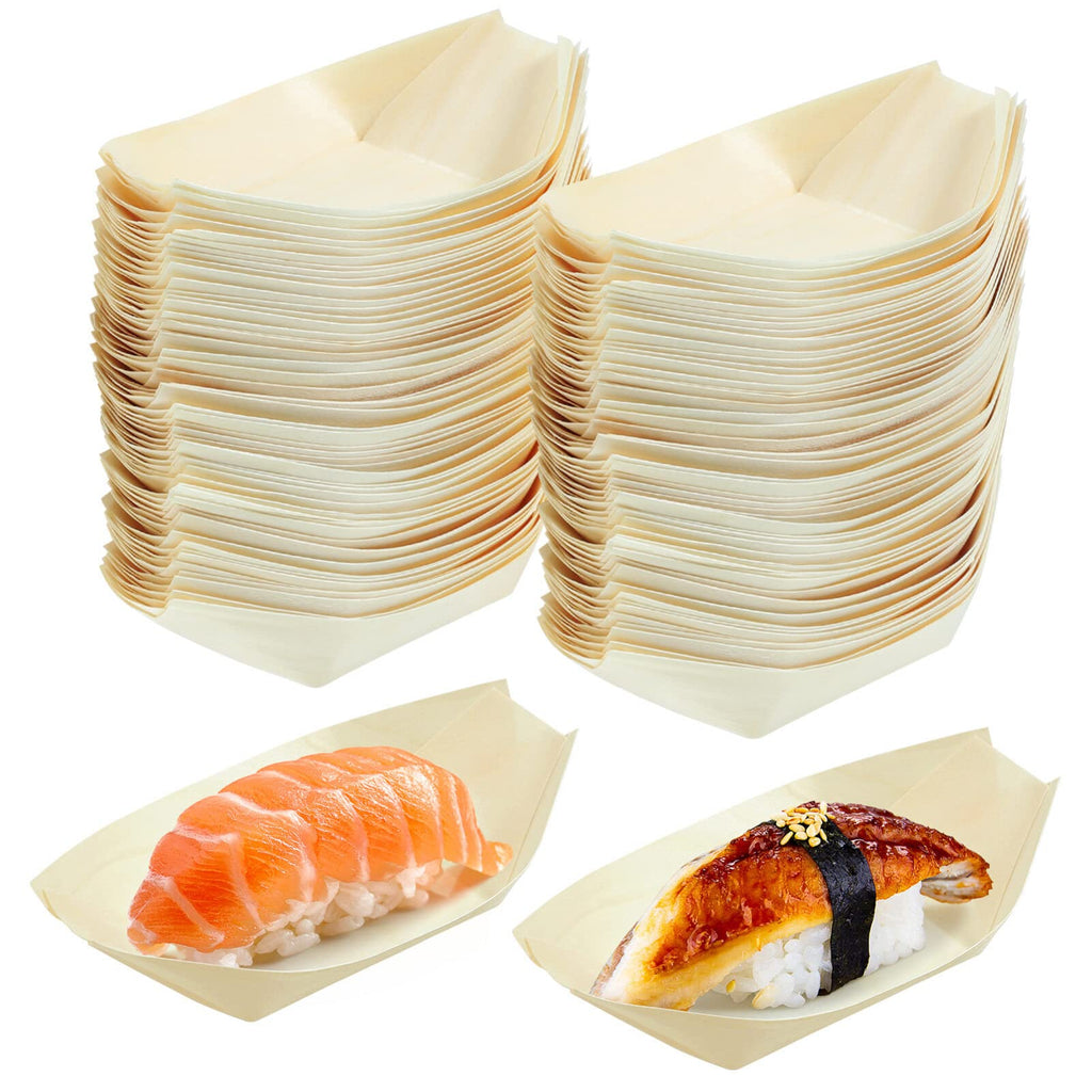 Cabilock 100pcs Disposable Wood Boat Plates, 5inch Sushi Boat Serving Tray Plate Japanese Style Snack Tray for Home Restaurant