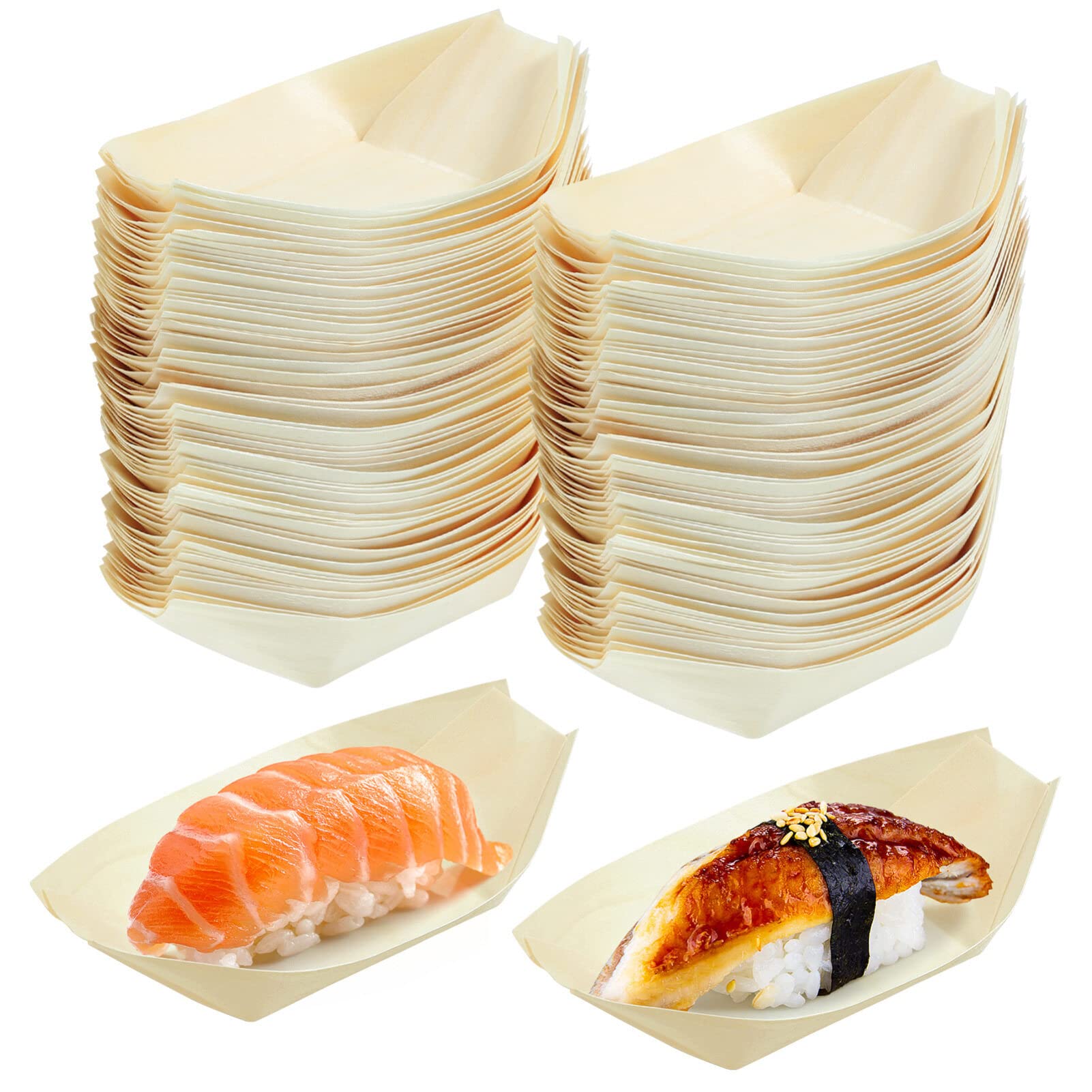 Cabilock 100pcs Disposable Wood Boat Plates, 5inch Sushi Boat Serving Tray Plate Japanese Style Snack Tray for Home Restaurant