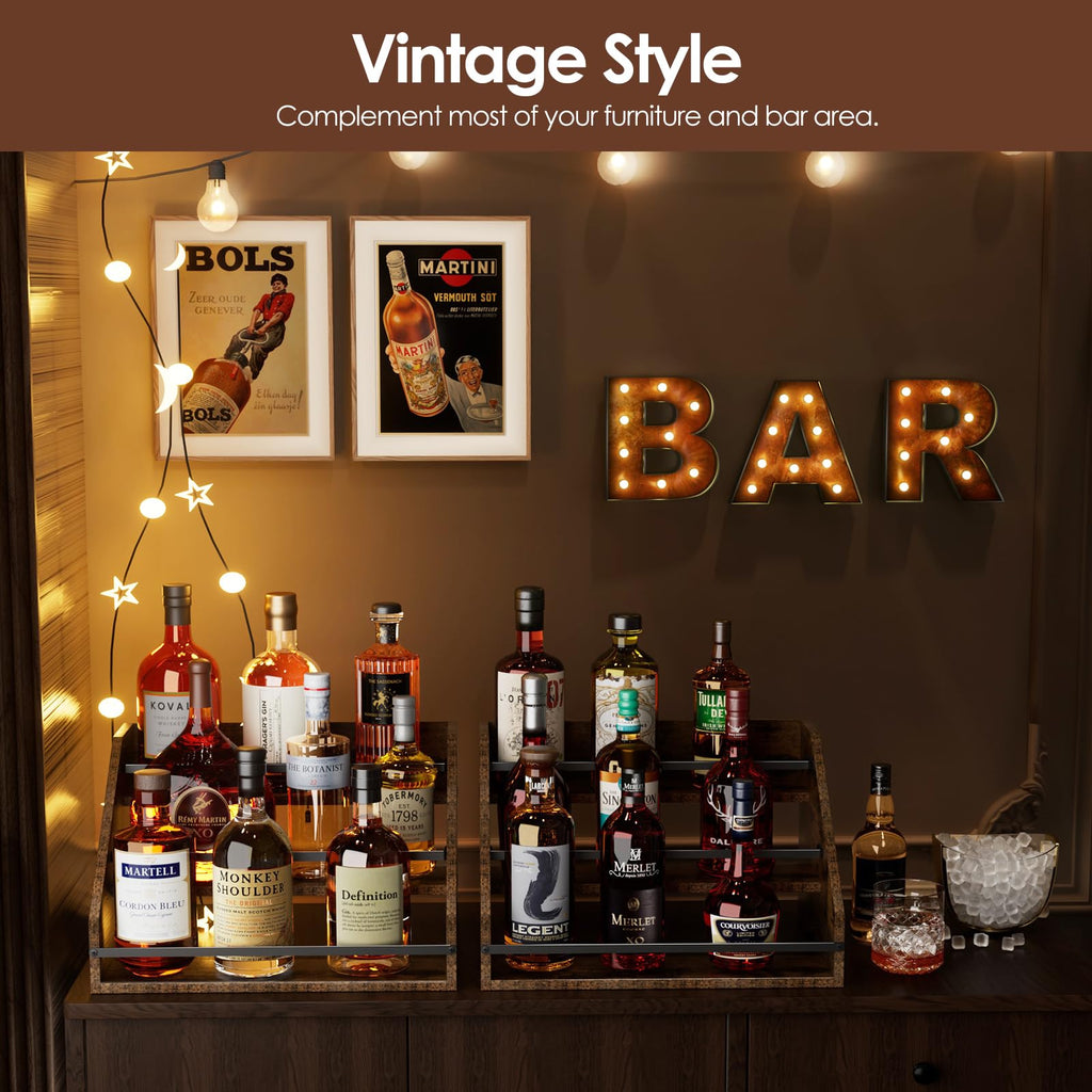 Nuovoware Liquor Bottle Display Shelf, Coffee Syrup Organizer, 3 Step Countertop Liquor Wine Rack, Home Retro Shelf Stand for Mini Bar, Cabinet, Bar Essentials for Whiskey, Spirits, Wooden