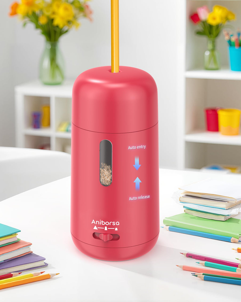 Aniborsa Automatic Electric Pencil Sharpener - Auto Feed, Auto Stop & Auto Eject for School, Office, Home, Rose Red