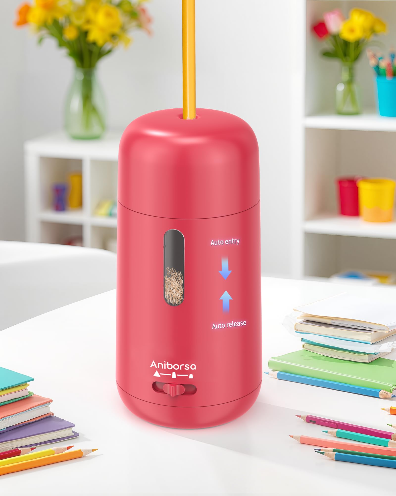 Aniborsa Automatic Electric Pencil Sharpener - Auto Feed, Auto Stop & Auto Eject for School, Office, Home, Rose Red
