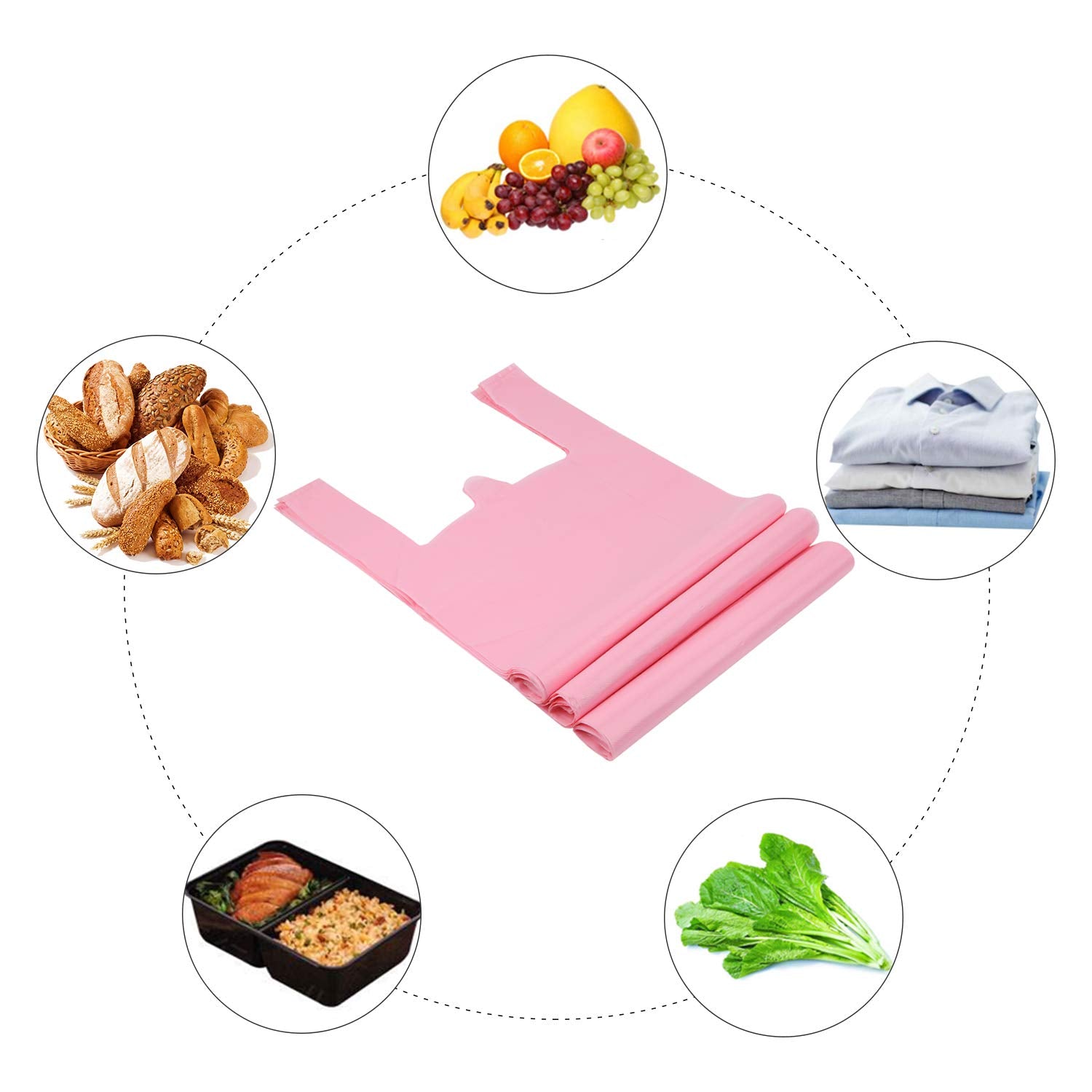 T Shirt Bags, Pink Plastic Bags with Handles for Grocery and Retail, Bolsas De Plastico Para Negocio, 12x20 Inches (200 pcs)