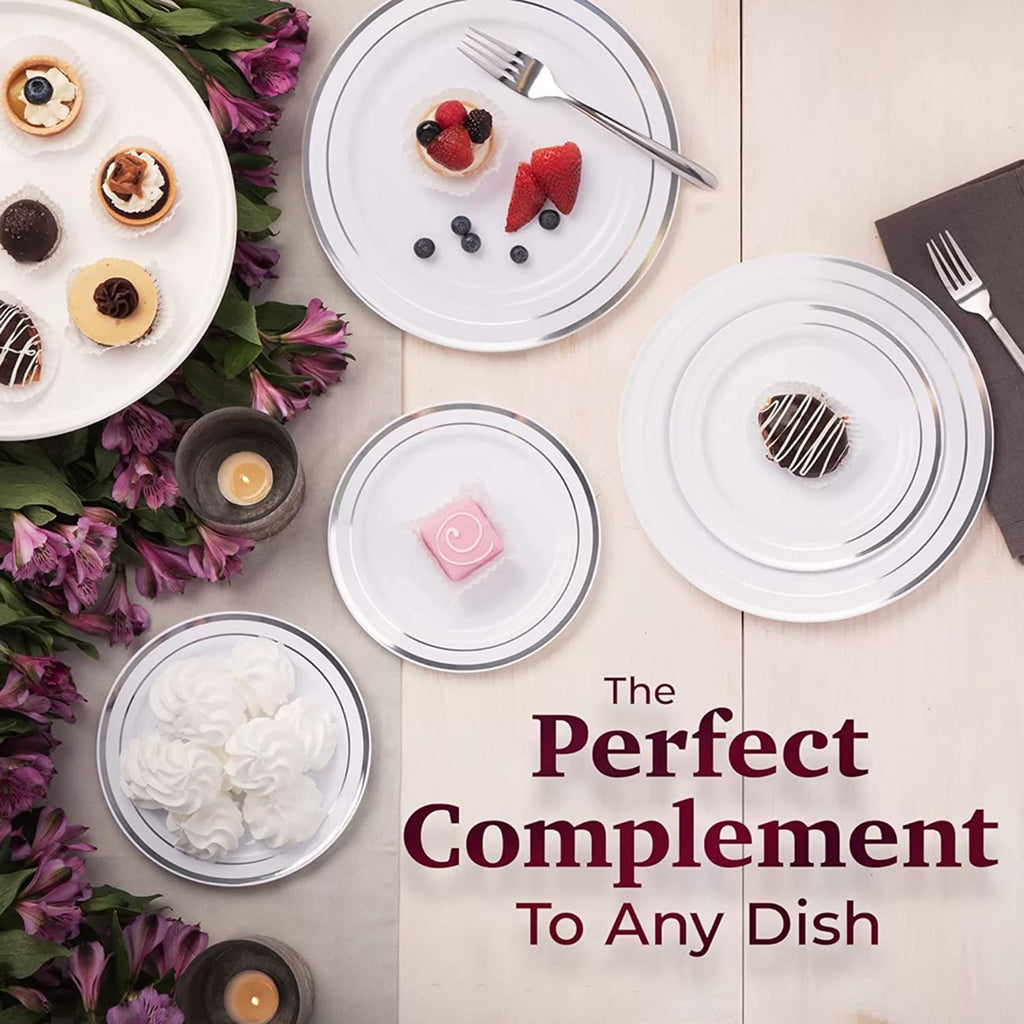 60Pcs Plastic Party Plates White Silver Rim, 30 Premium Heavy Duty 10.25 Inch Dinner Plates and 30 Disposable 7.5 Inch Dessert Appetizer Elegant Fancy Heavy Duty Wedding Plates