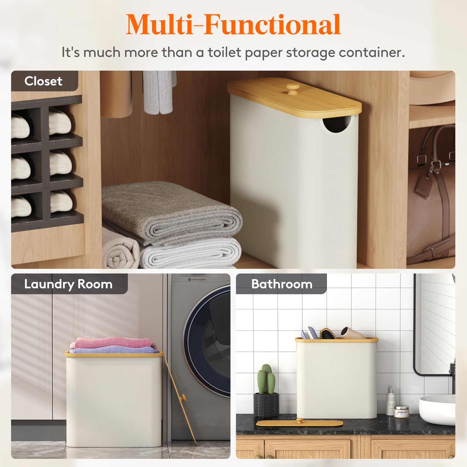 Lifewit Toilet Paper Storage Holder for 12 to 16 Rolls, Free Standing Toilet Paper Basket Stand with Bamboo Lid, Collapsible Fabric Bathroom Organizer Box for Mega Rolls, 30L, Extra Large, White