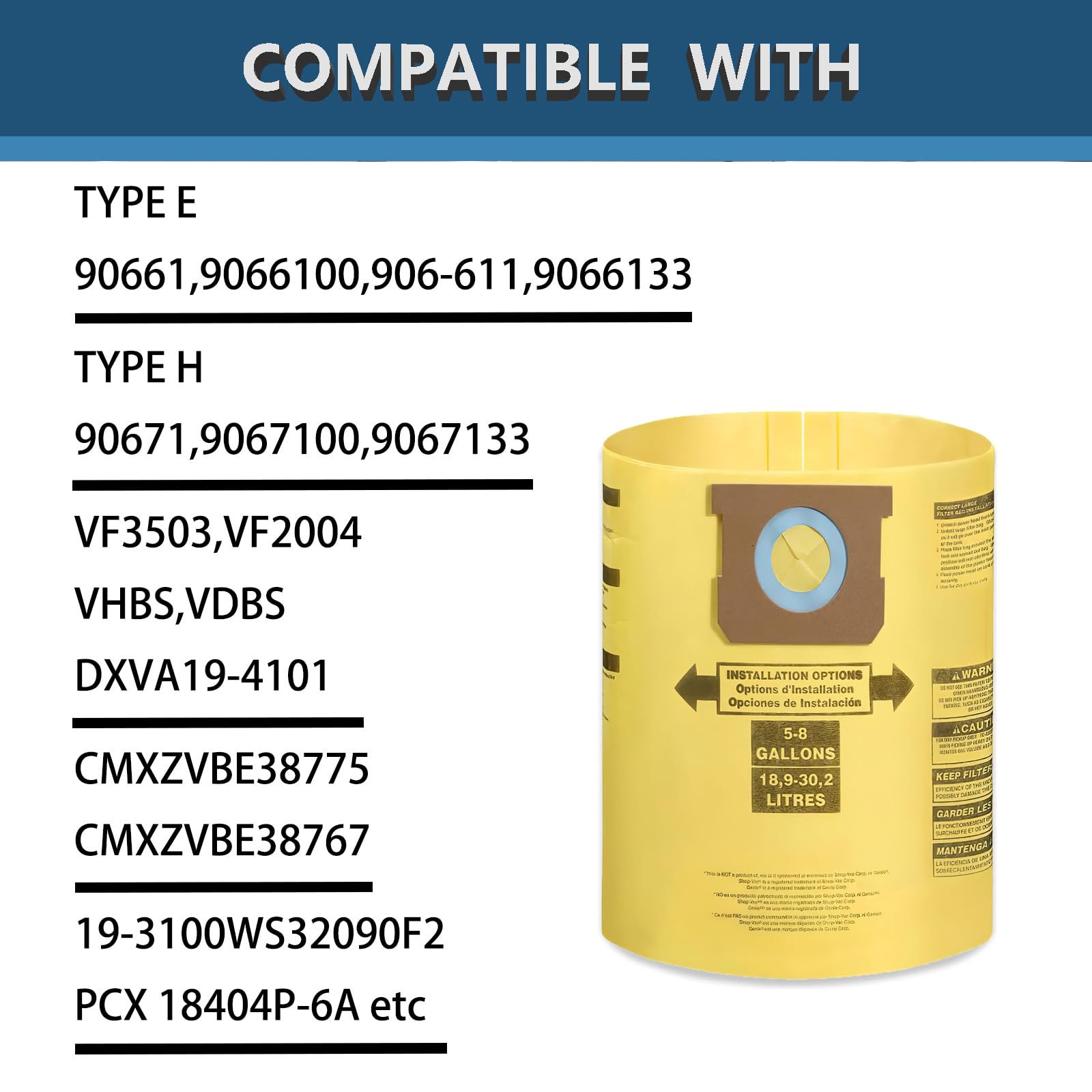 12 Pack Vacuum Filter Bags for Shop Vac 5-8 Gallon Type E/Type H, Canister Vacuum Cleaner Dust Bags for Shop Vac Replace Part 90661 9066100 90671 9067100 Yellow