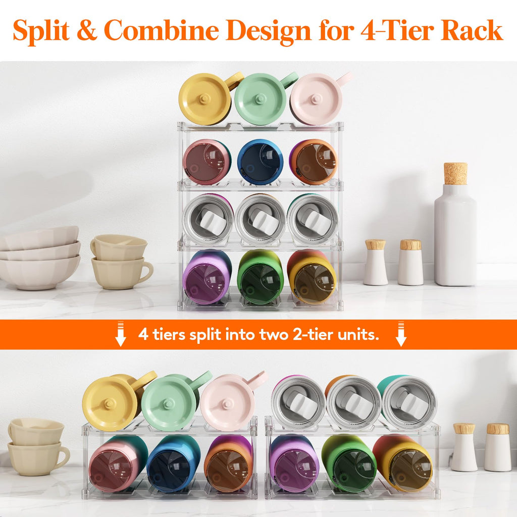 Lifewit Stackable Water Bottle Organizer for Cupboard, Freezer, Pantry, Plastic Bottle Holder for Kitchen Worktop, Cabinet, Desk, 4 Tier for 12 Bottles