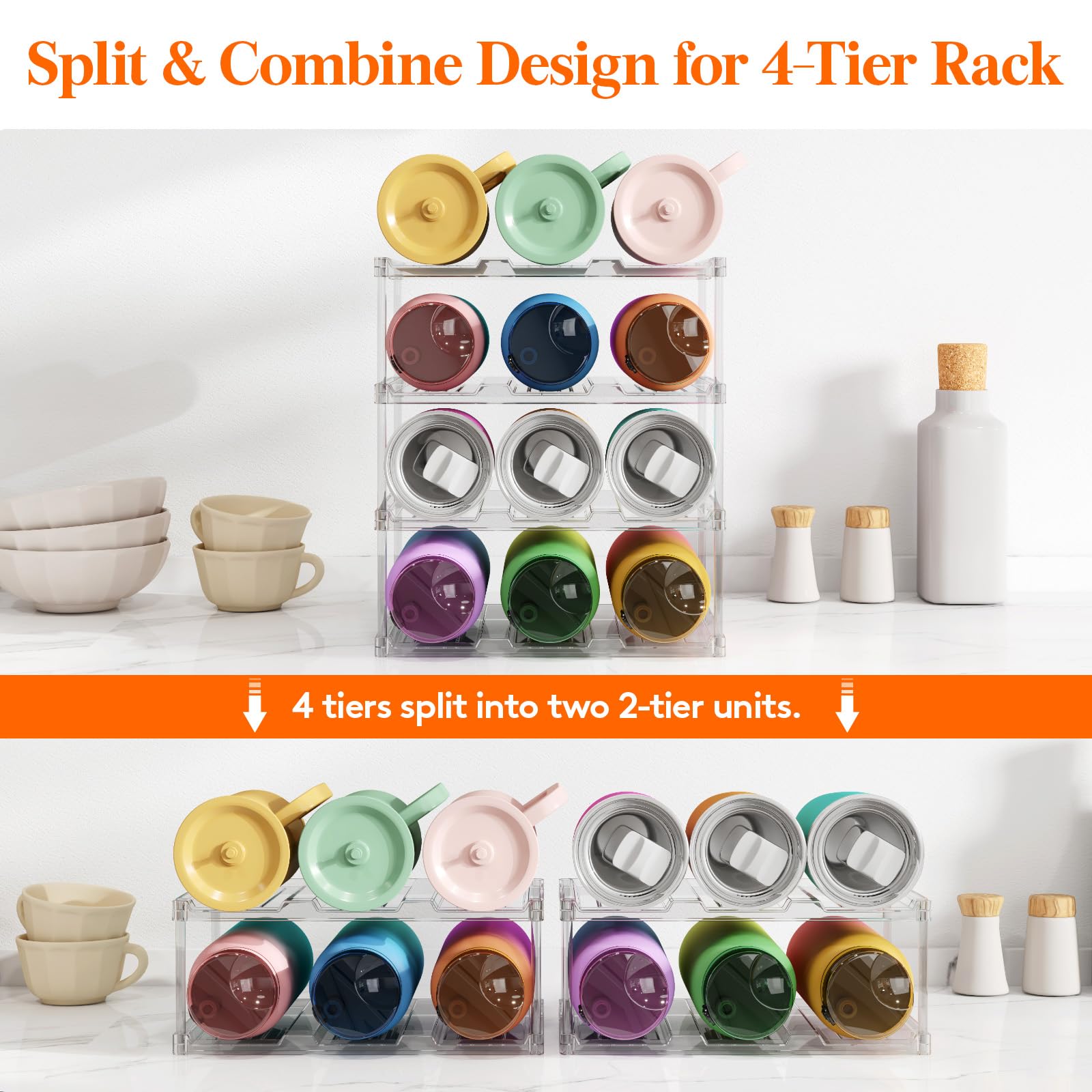 Lifewit Stackable Water Bottle Organizer for Cupboard, Freezer, Pantry, Plastic Bottle Holder for Kitchen Worktop, Cabinet, Desk, 4 Tier for 12 Bottles