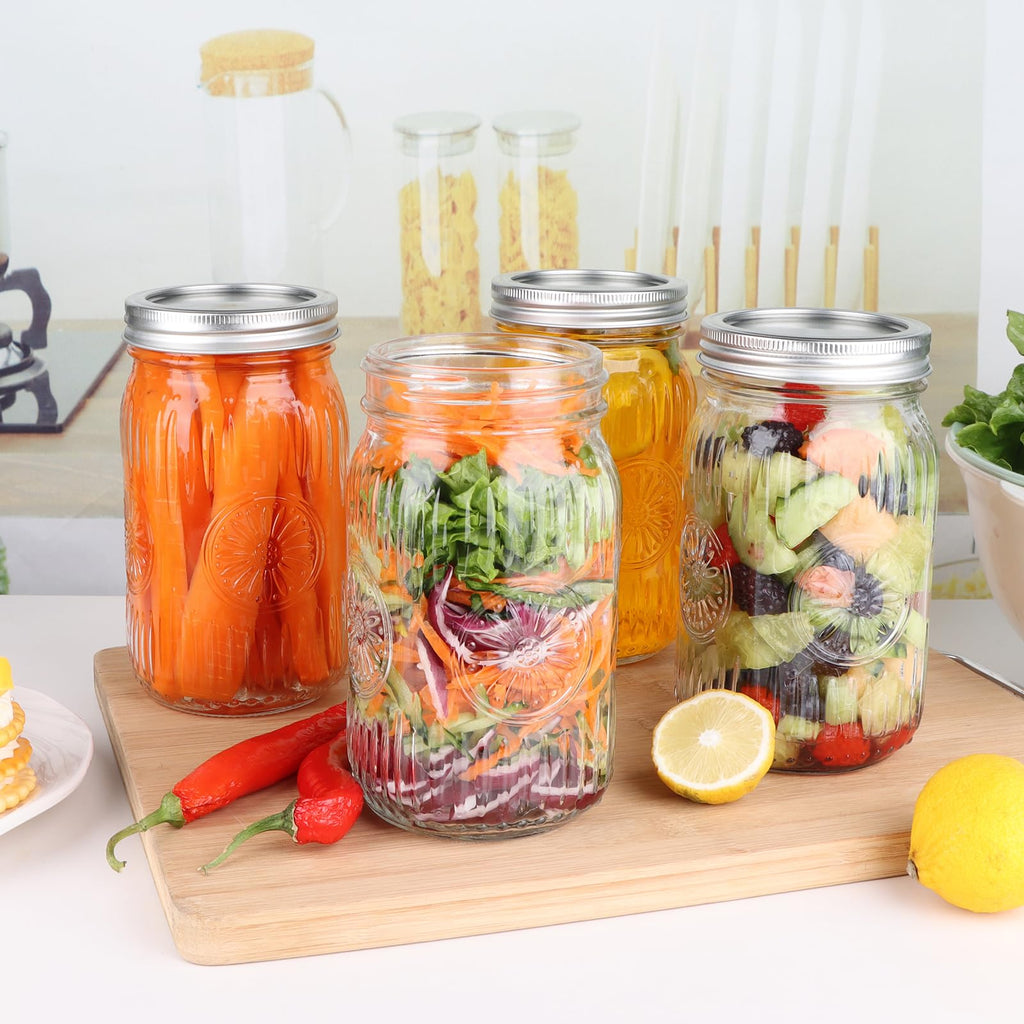 HAYHOI 32 oz Wide Mouth Mason Jars with Lids and Bands, 6 Pack Quart Canning Jars, Embossed Glass Mason Jars for Centerpieces, Preserving, Pickling, Meal Prep, Jam, DIY Crafts