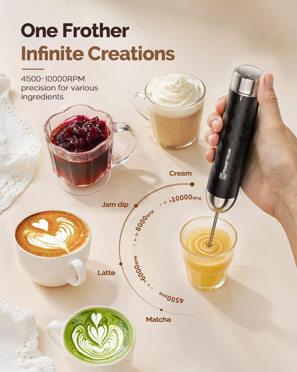 Maestri House Milk Frother with Stepless Speed Control, Handheld Coffee Frother with Detachable Whisks and Stainless Steel Stand, Drink Mixer for Matcha, Latte, Cappuccino, LunaFro 2.0