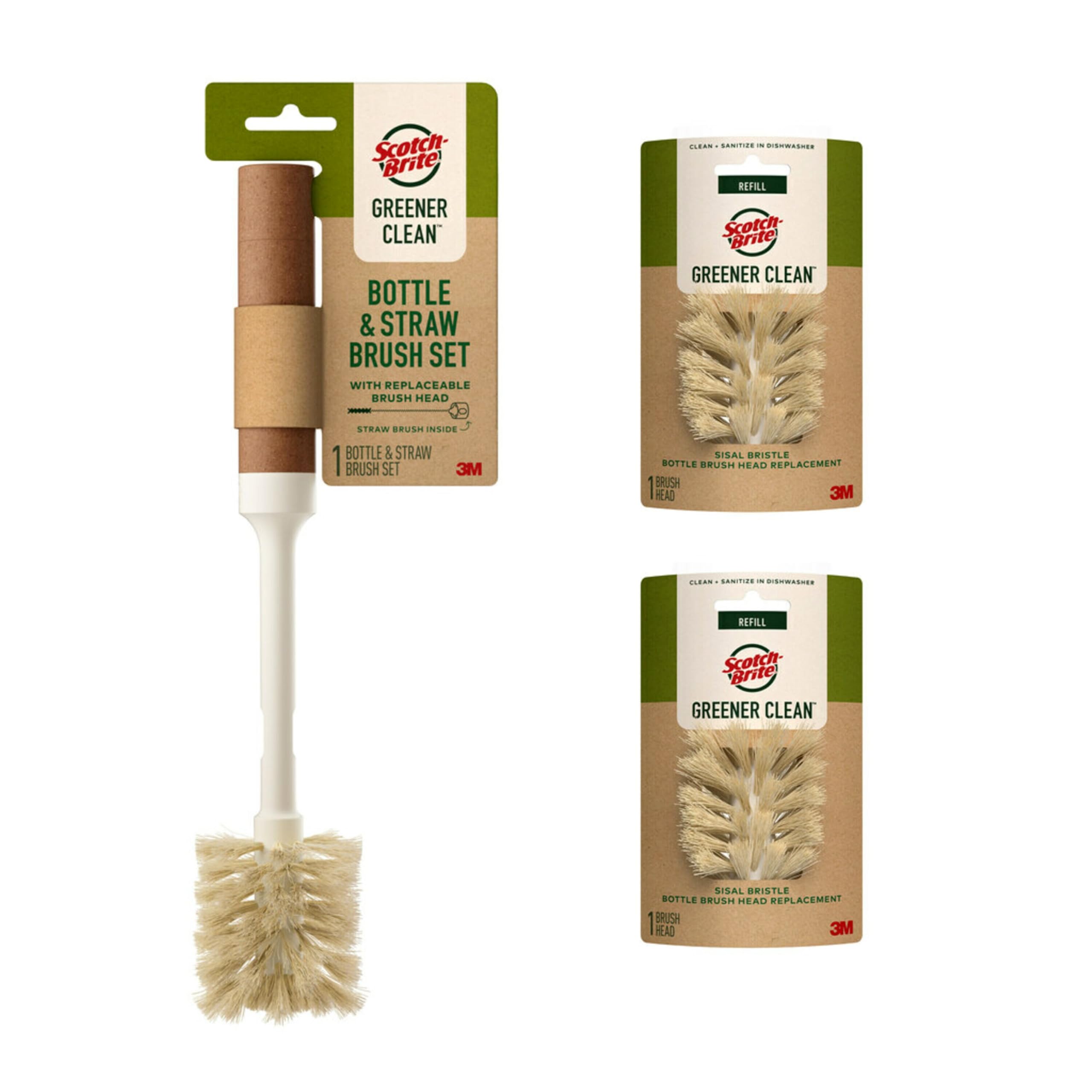 Scotch-Brite Greener Clean Bottle & Straw Brush Set, Includes 2 Replaceable Bottle Brush Heads, Safe on Insulated Mugs, Water Bottles, Glassware, Food Processors & blenders, Cleanse in Dishwasher