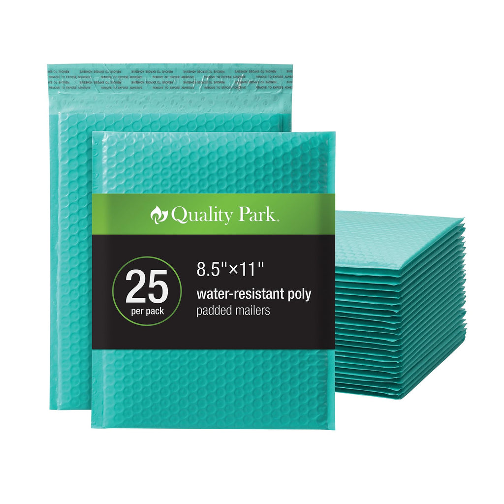 Quality Park Bubble Mailers, 8.25 x 11 Shipping Envelopes, Water Resistant Teal Poly Padded Envelopes, Redi-Strip Peel Off Closure, 25/Box