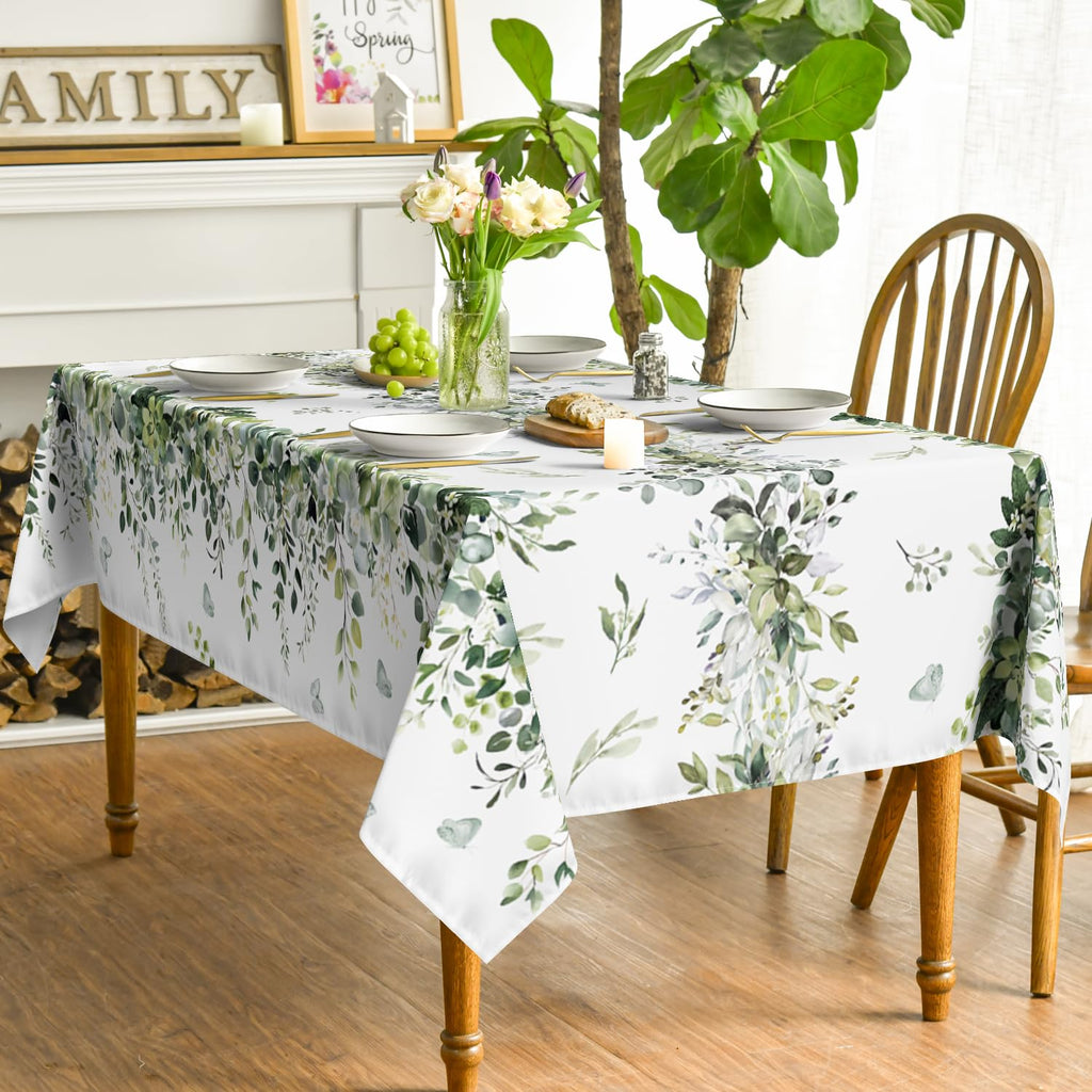 Horaldaily Spring Tablecloth 60×84 Inch Rectangular, Green Eucalyptus Washable Seasonal Table Cover for Party Picnic Dinner Decor