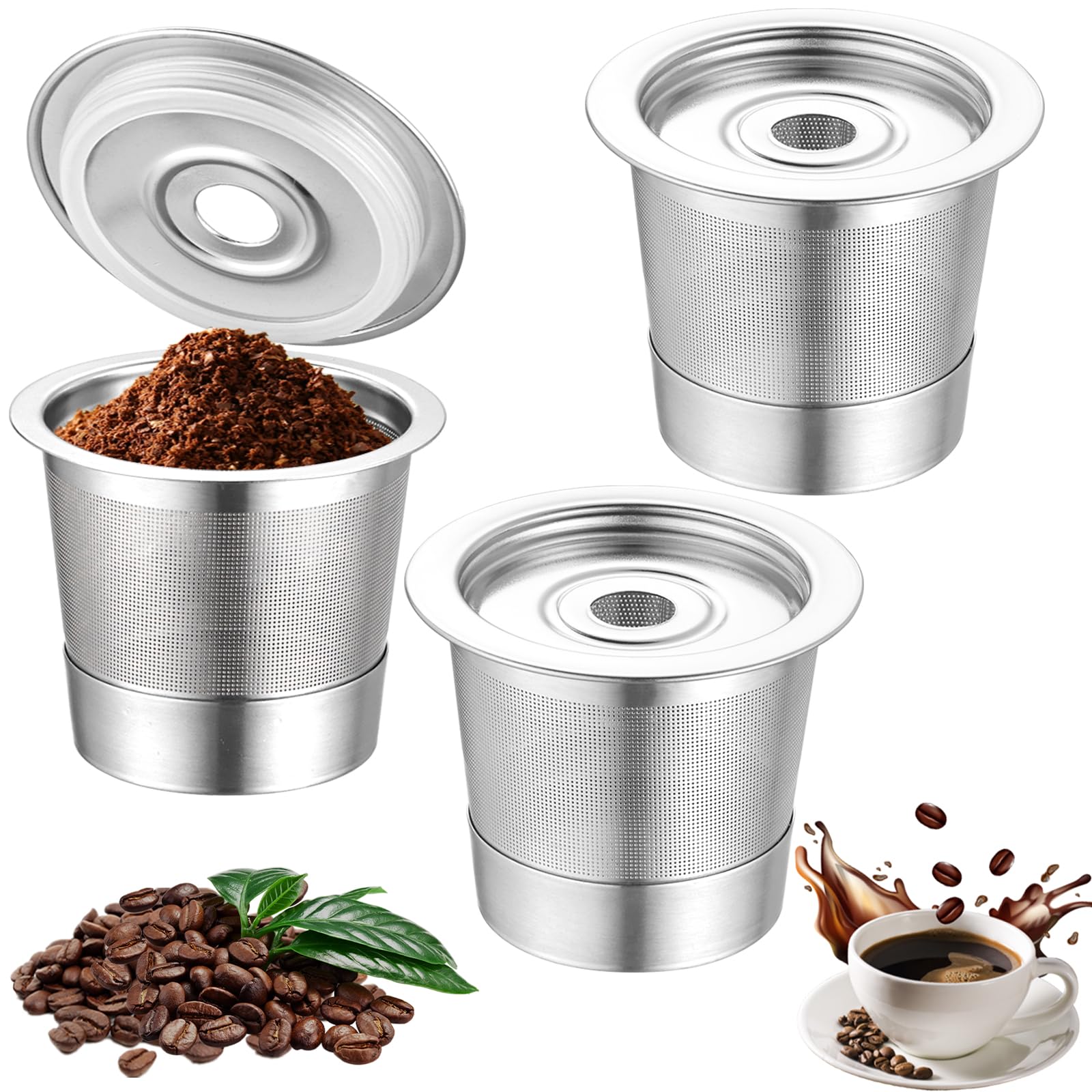 3 Pack Reusable K Cups and Coffee Pods for Ninja Coffee Maker PB051 & CFP101/PB041, 304 Stainless Steel Reusable K Pod Permanent K Cups Filters Compatible with Ninja Coffee Maker,Coffee Accessories