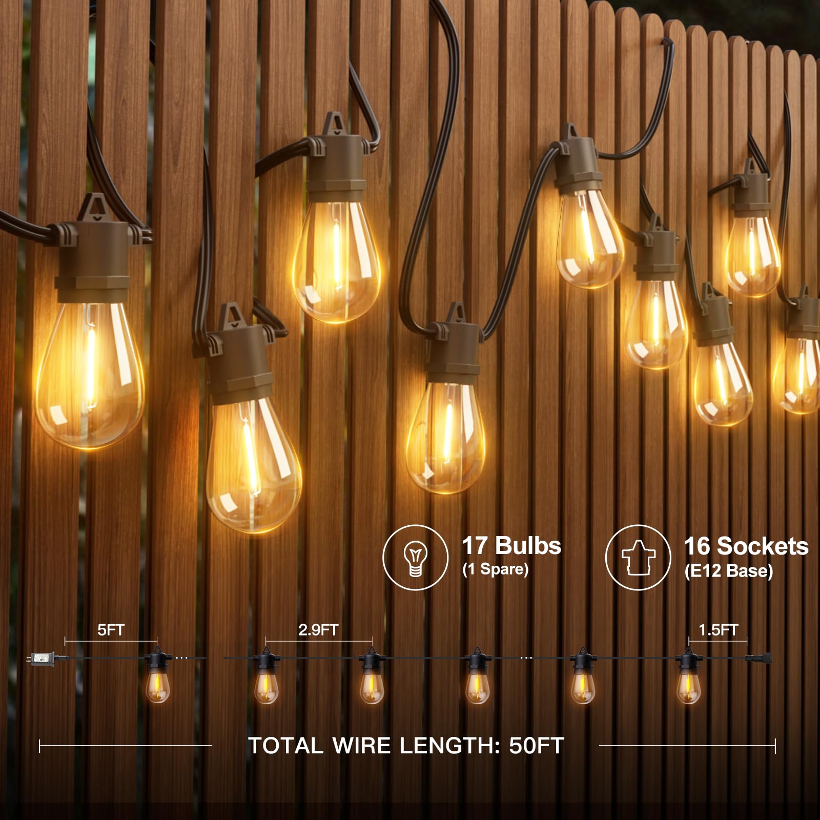 addlon 50FT LED Outdoor String Lights Waterproof Patio Lights with 16+1 Edison Shatterproof Bulbs, Commercial Grade Weatherproof Strand, ETL Listed Decorative for Garden or Patio