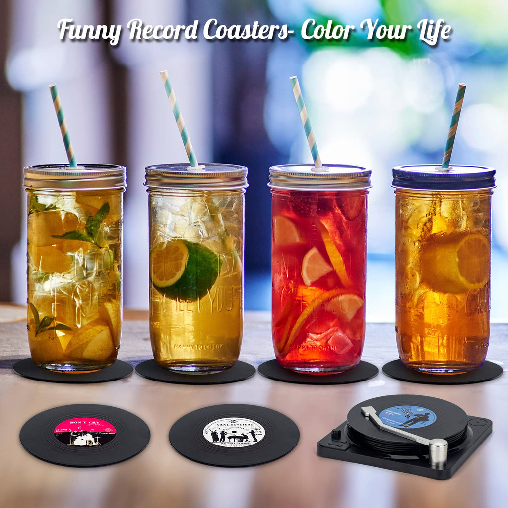 Valdivia Funny Retro Vinyl Record Coasters with Player, 6 Pcs Music Coasters for Drinks, Bars, Cafes, Office, Birthday Gifts for Music Lovers, Home Decor Housewarming and White Elephant Gifts Ideas