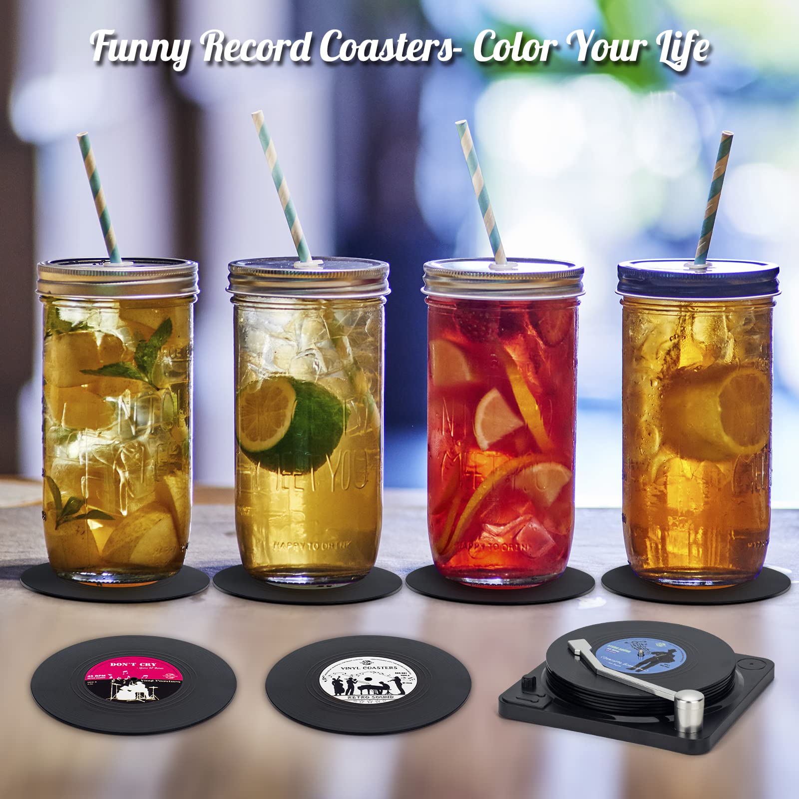 Valdivia Funny Retro Vinyl Record Coasters with Player, 6 Pcs Music Coasters for Drinks, Bars, Cafes, Office, Birthday Gifts for Music Lovers, Home Decor Housewarming and White Elephant Gifts Ideas