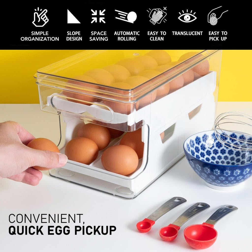 Rolling Egg Holder, Fridge Fresh 24 Egg Organizer with Lid for Refrigerator, Clear Egg Container Tray Stackable Dispenser and Egg Holder for Fridge, Egg Dispenser fridge Rolling With Egg Timer