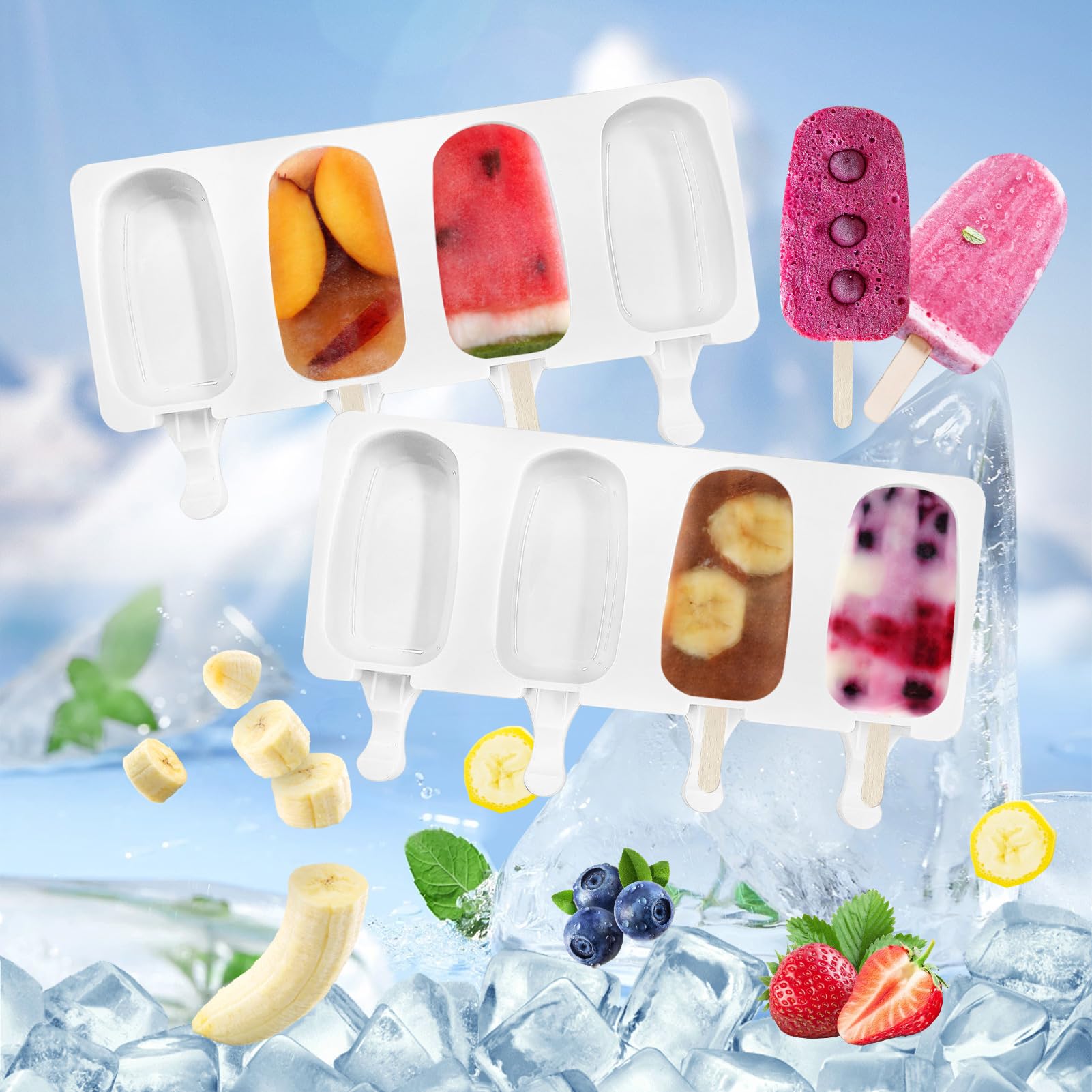 Popsicle Molds 2Pcs, Silicone Ice Cream Molds ice Lolly Moulds with Lid, 100 Sticks and 50 Bags for Ice Pop Cakesicle Dessert, BPA Free