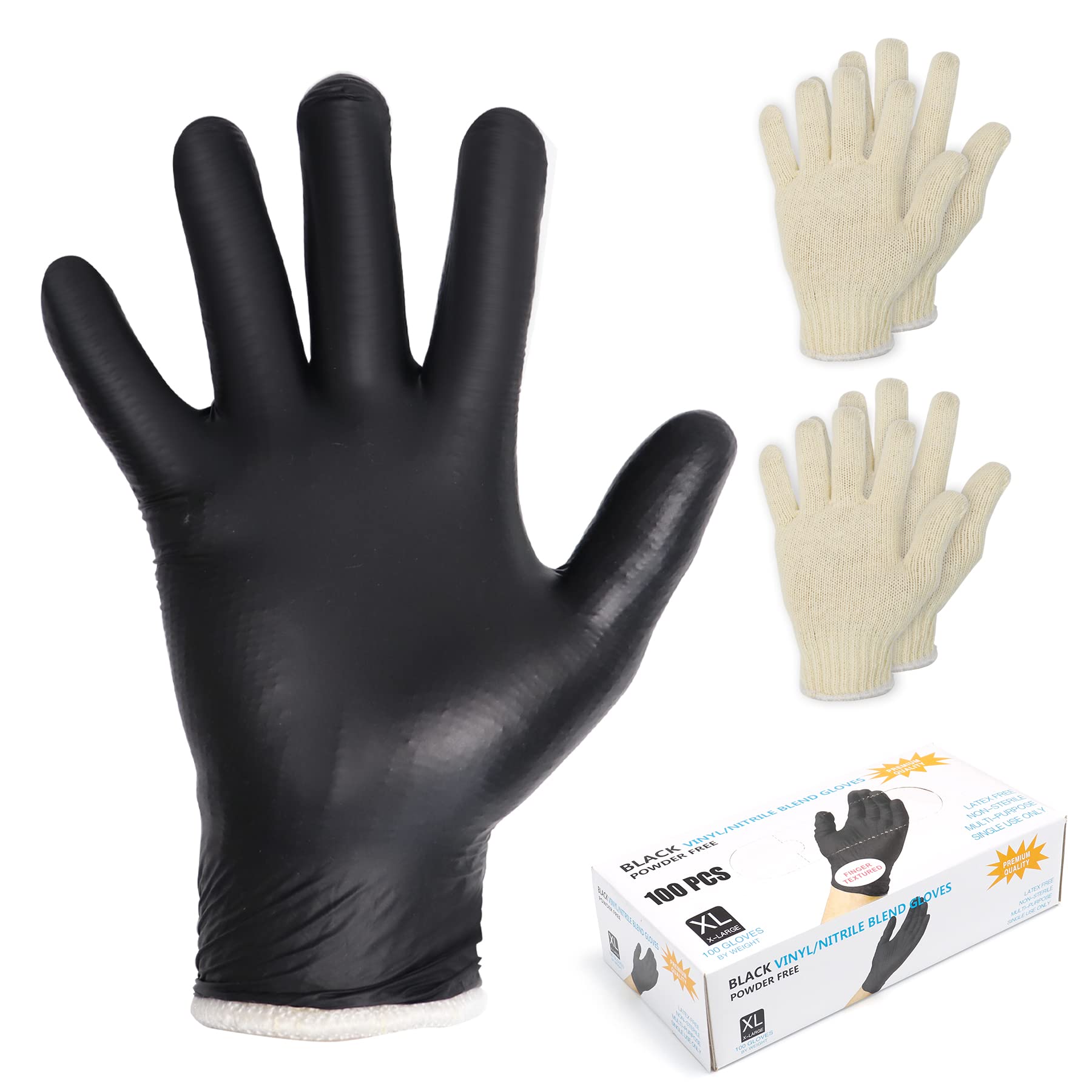 Flehomo BBQ Gloves Kit with 2 Pairs of Reusable Heat Resistant Grilling Gloves Liner and 100 Pieces Disposable Nitrile for Outdoor Cooking and Barbecue, Black, X-Large