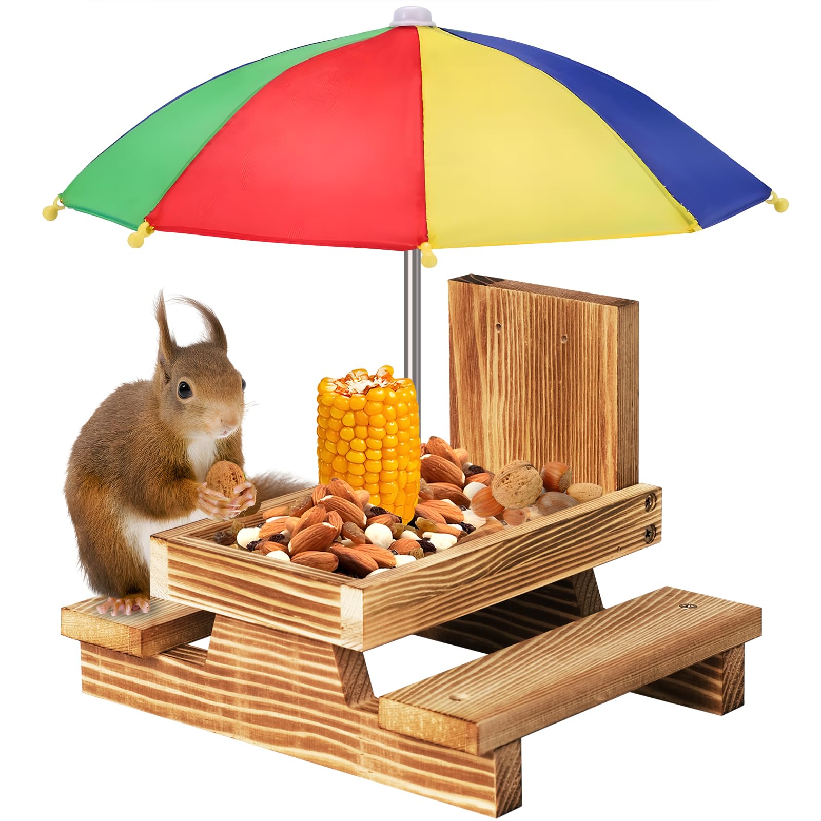 Gnodary Squirrel Feeder with Umbrella, Squirrel Feeders for Outside, Squirrel Picnic Table Feeder - Chipmunk Feeder Hold Corn, Corn Cob, Peanuts Style2 (Multiple Color)