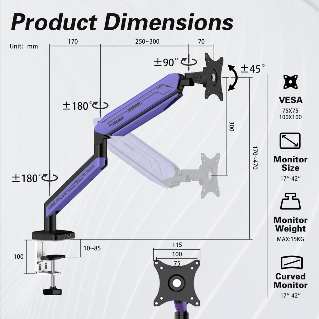 ETHU Single Heavy Duty Monitor Arm for 17-42 inches Monitors with 30 RGB Lighting Effects,Holds 15KG/33lbs,Ultrawide Monitor Arm for Curved Flat Monitors, Purple